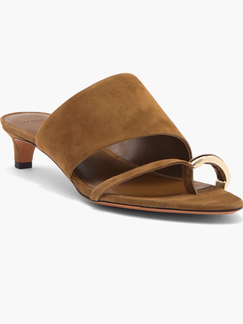 Vince Tan Suede Slide Mules with Gold Buckle Sz 8/38.5